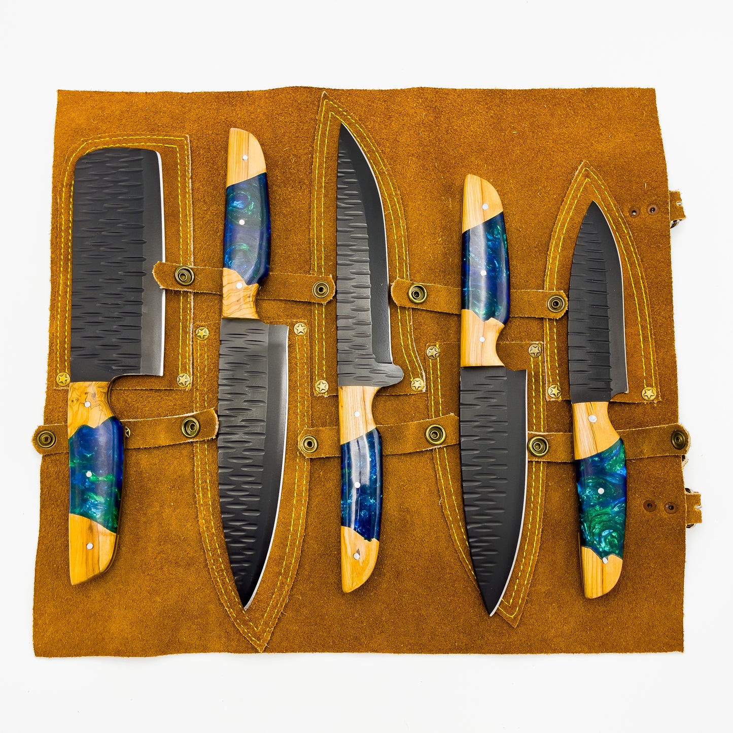 5 Piece Chef Set with resin handle and leather sheath