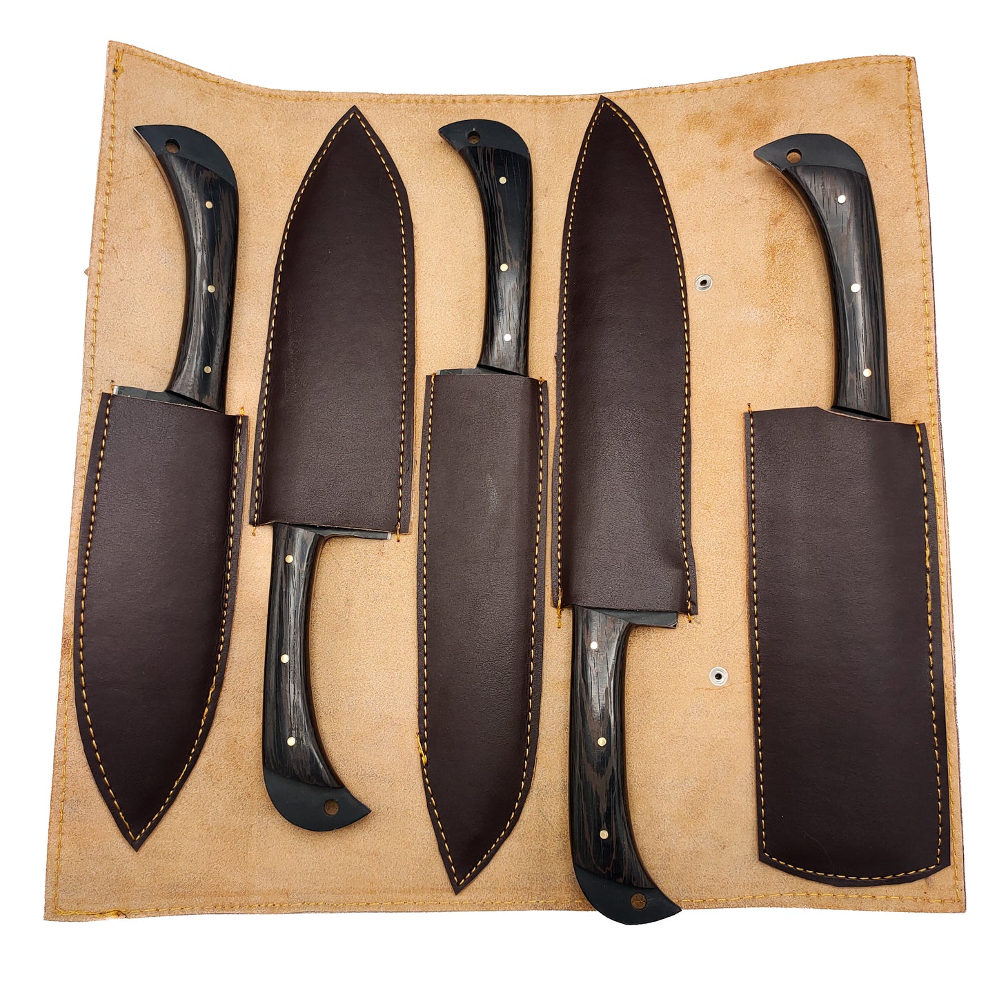 5 piece Custom Handmade Chefset with Coloured Black Blade and Leather Cover