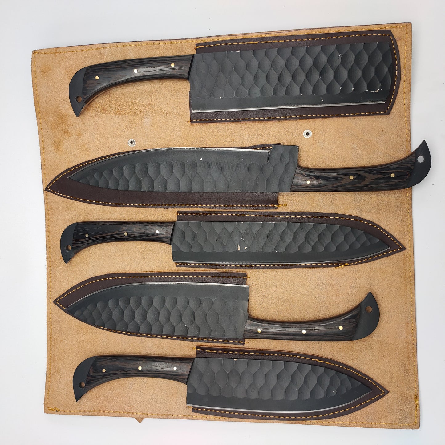 5 piece Custom Handmade Chefset with Coloured Black Blade and Leather Cover