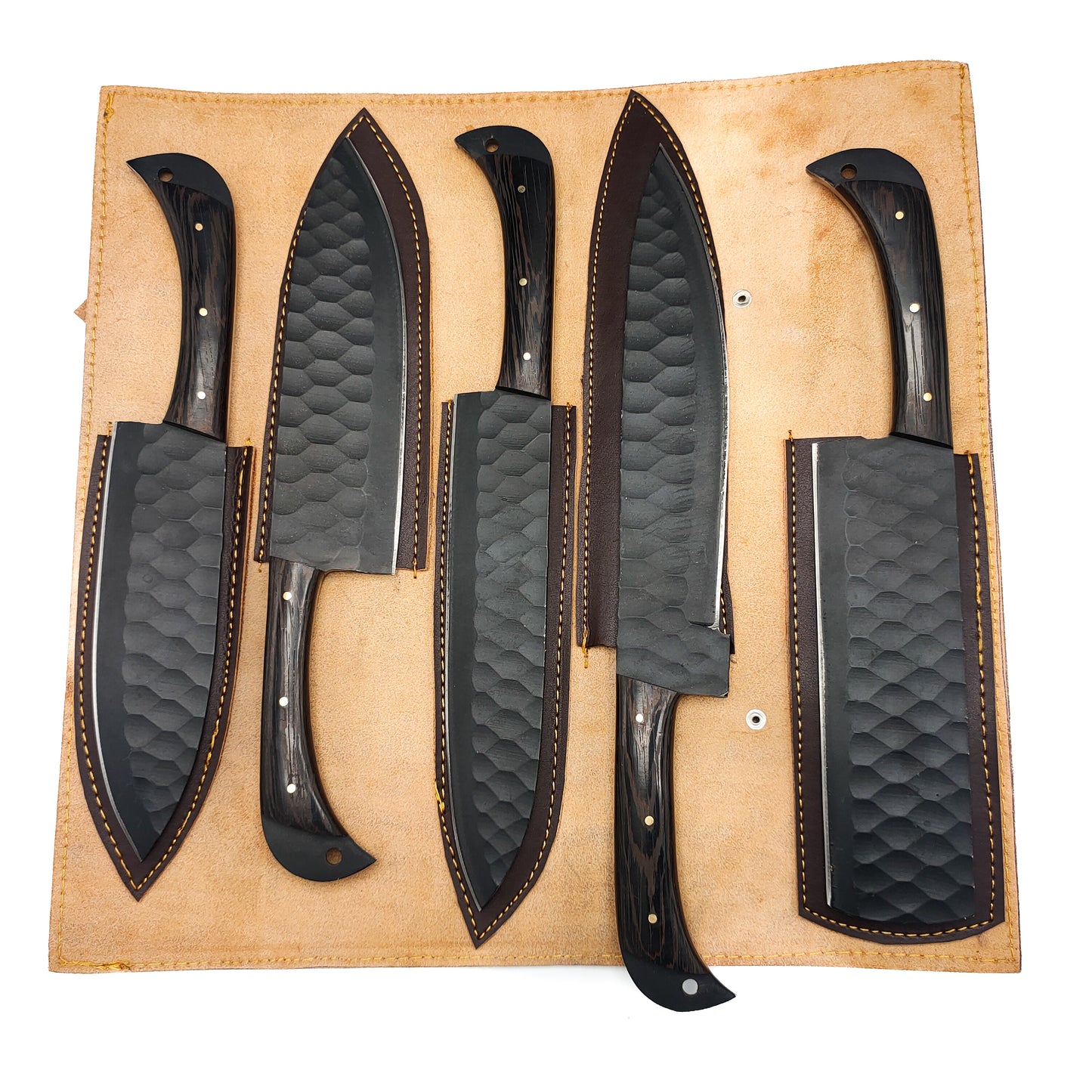 5 piece Custom Handmade Chefset with Coloured Black Blade and Leather Cover