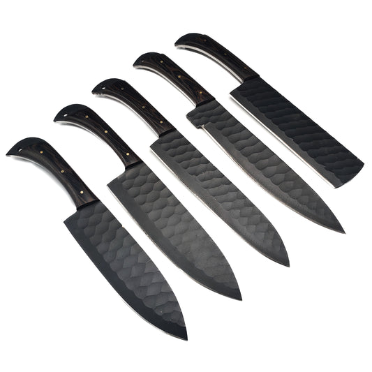 5 piece Custom Handmade Chefset with Coloured Black Blade and Leather Cover